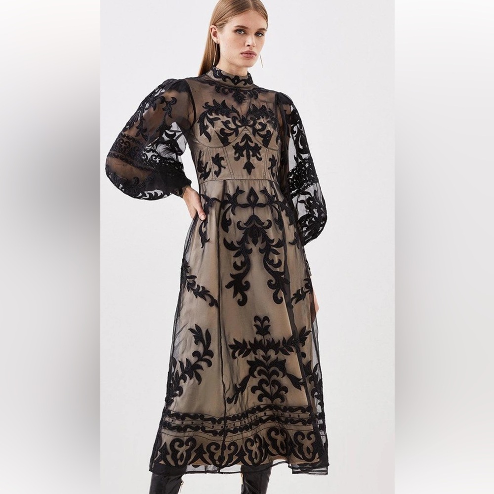 sheer beaded dark floral lace corset midi dress - Picture 2 of 10